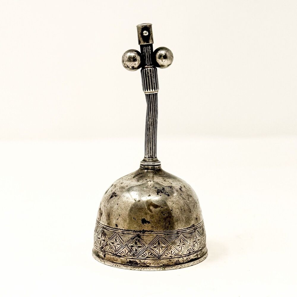 Antique Sterling Silver Hand Bell Engraved Ornate Primitive Old World 88g